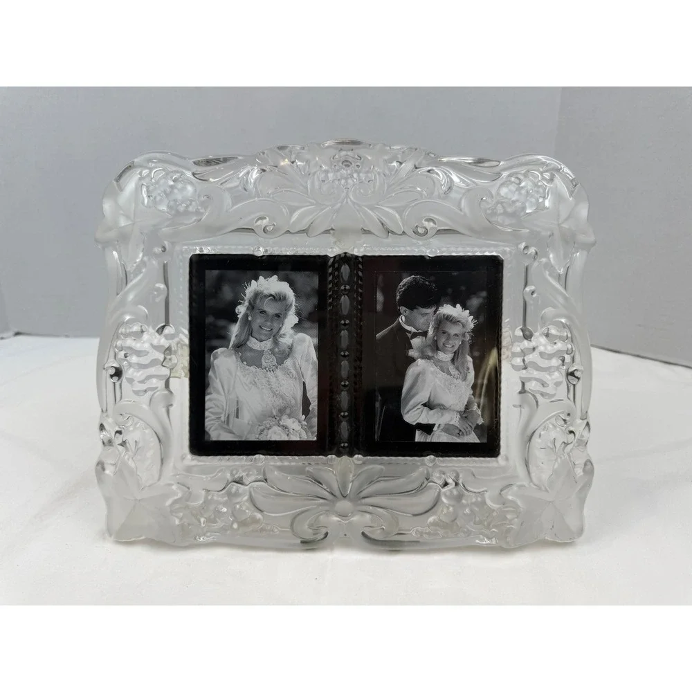 Vintage Frosted Glass Double Picture Frame Floral Relief Wedding Decor 11.5x9